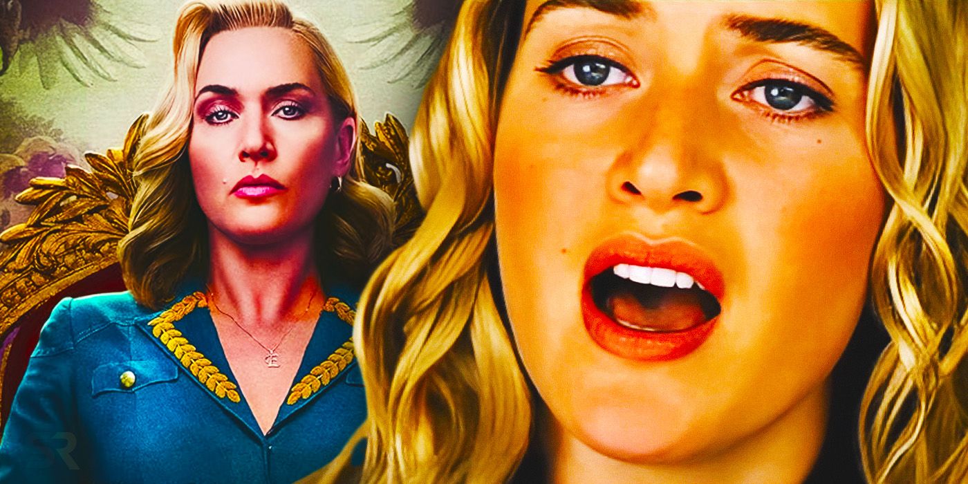 Kate Winslet as Chancellor Vernham in The Regime's poster with Winslet singing in the music video 