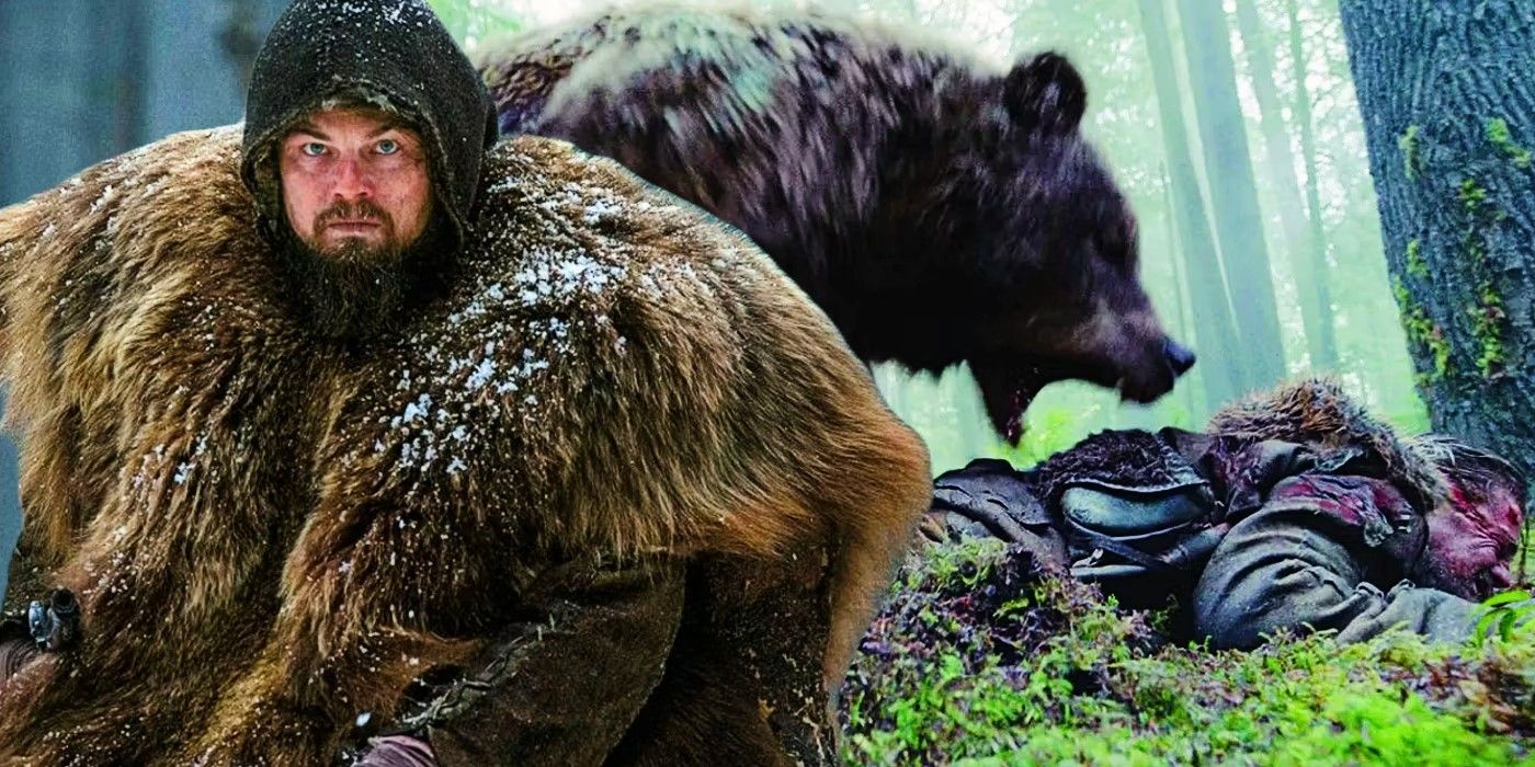 A collage of Leonardo DiCaprio as Hugh Glass and Hugh getting attacked by the bear in The Revenant