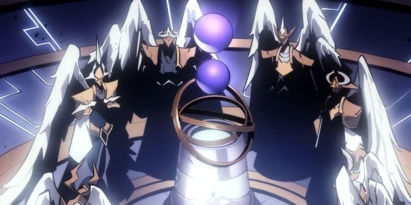 The Rulers in Solo Leveling gathered around a pillar with two floating purple orbs in the center as they plot to kill the absolute being