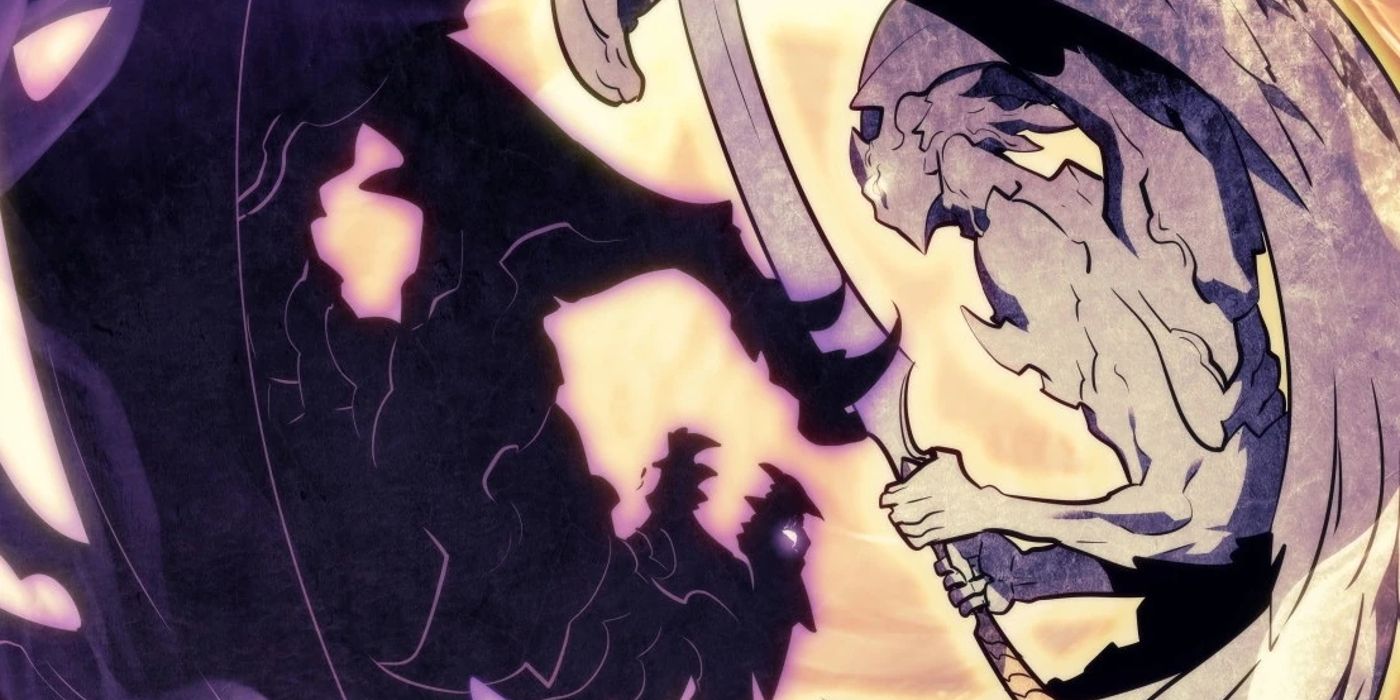 The Rulers' war against the Monarchs depicted as a battle between two creatures representing light and darkness in Solo Leveling