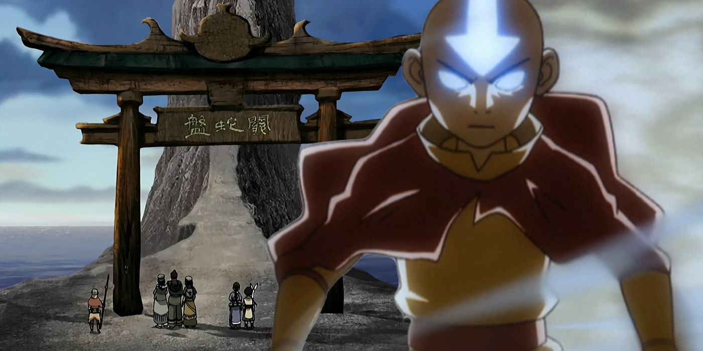 The entrance to The Serpent's Pass next to Aang in the Avatar State in Avatar: The Last Airbender