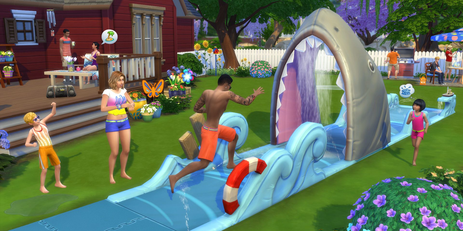 A screenshot of The Sims 4 Backyard Stuff DLC with several characters having fun with a water slide.