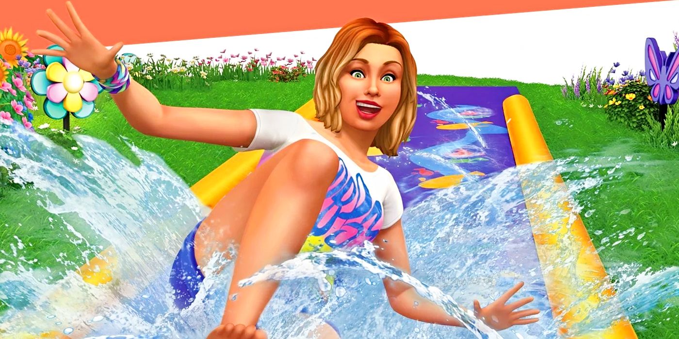 A The Sims 4 character on a water slide in key art for the Backyard Stuff DLC.