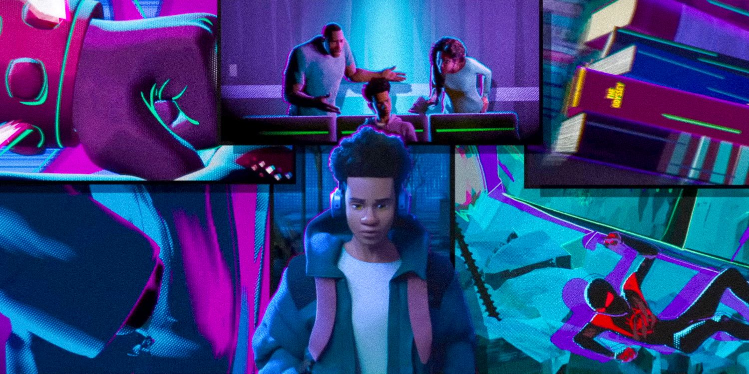 Wide shot of Miles Morales with images of some flashbacks in the background in The Spider Within: A Spider-Verse Story