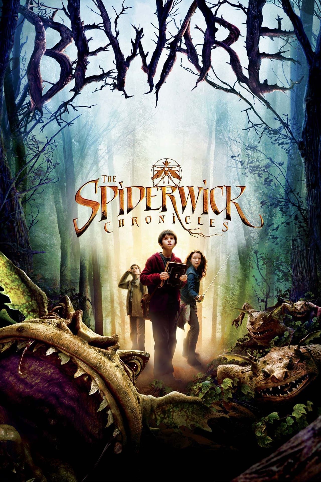 The Spiderwick Chronicles Movie Poster with Freddie Highmore and Sarah Bolger in a Forest with Monsters and Branches Spelling Beware