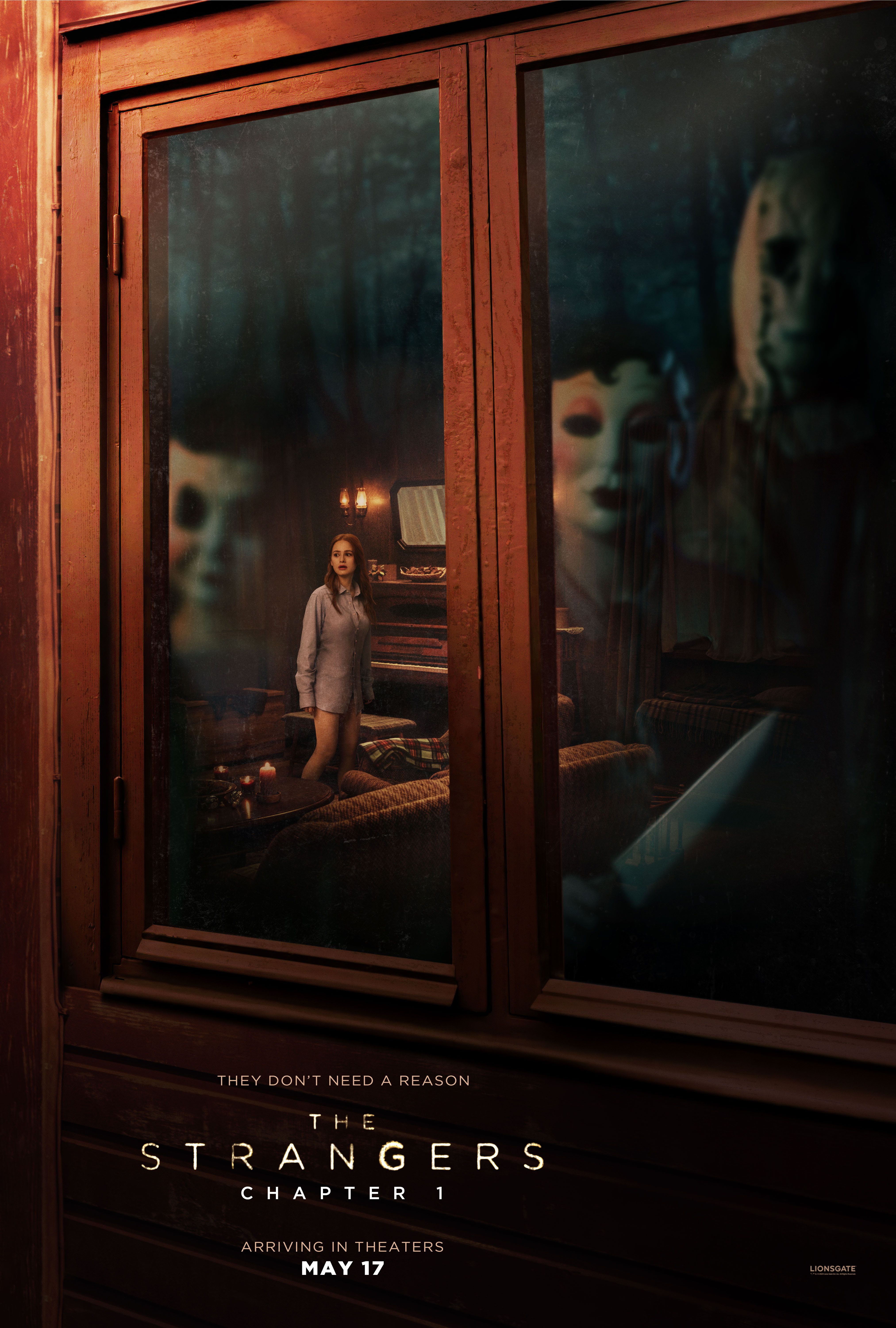 The Strangers Chapter 1 Poster Showing Three Masked figures Looking into a window