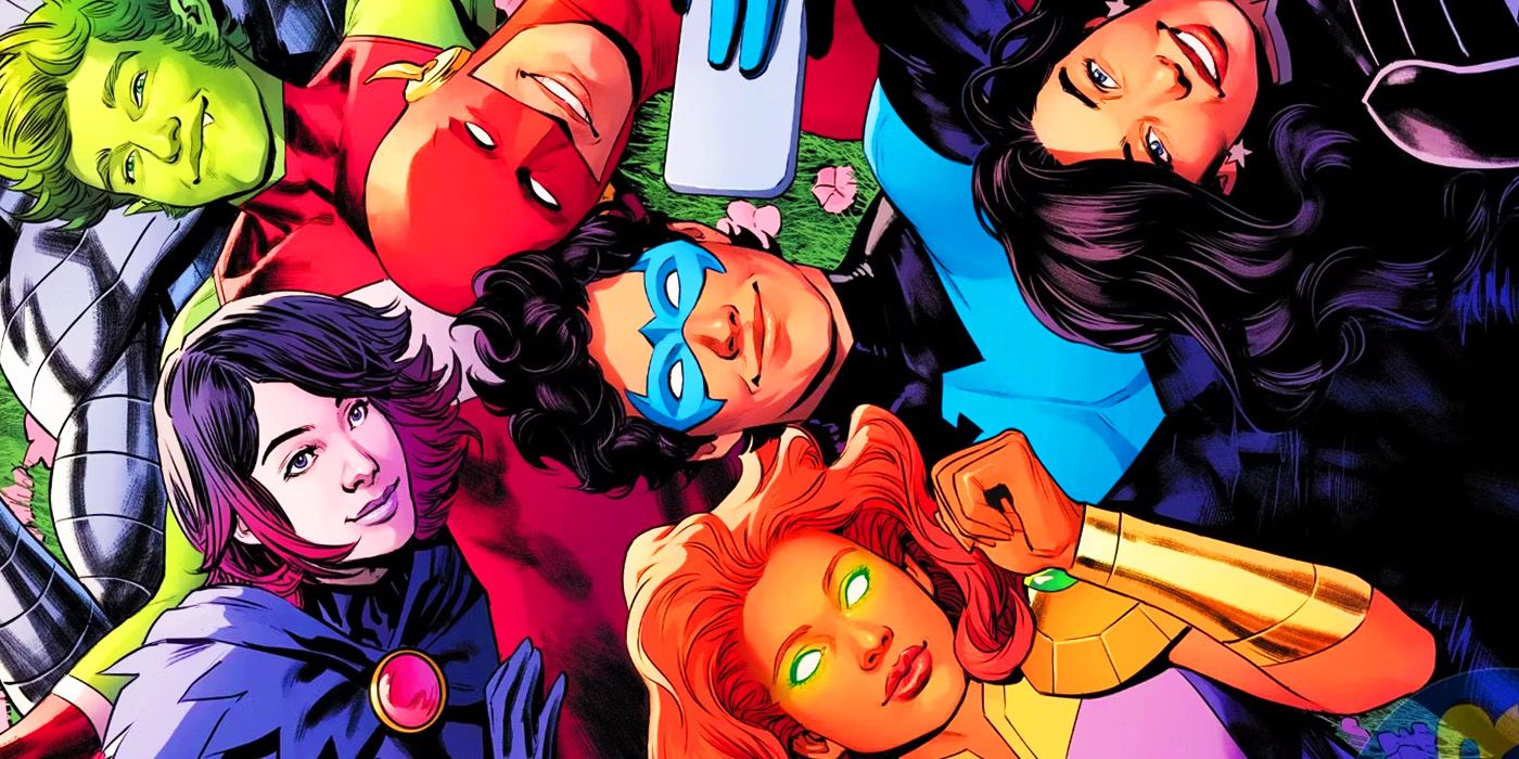 The Teen Titans taking a photo in DC Comics