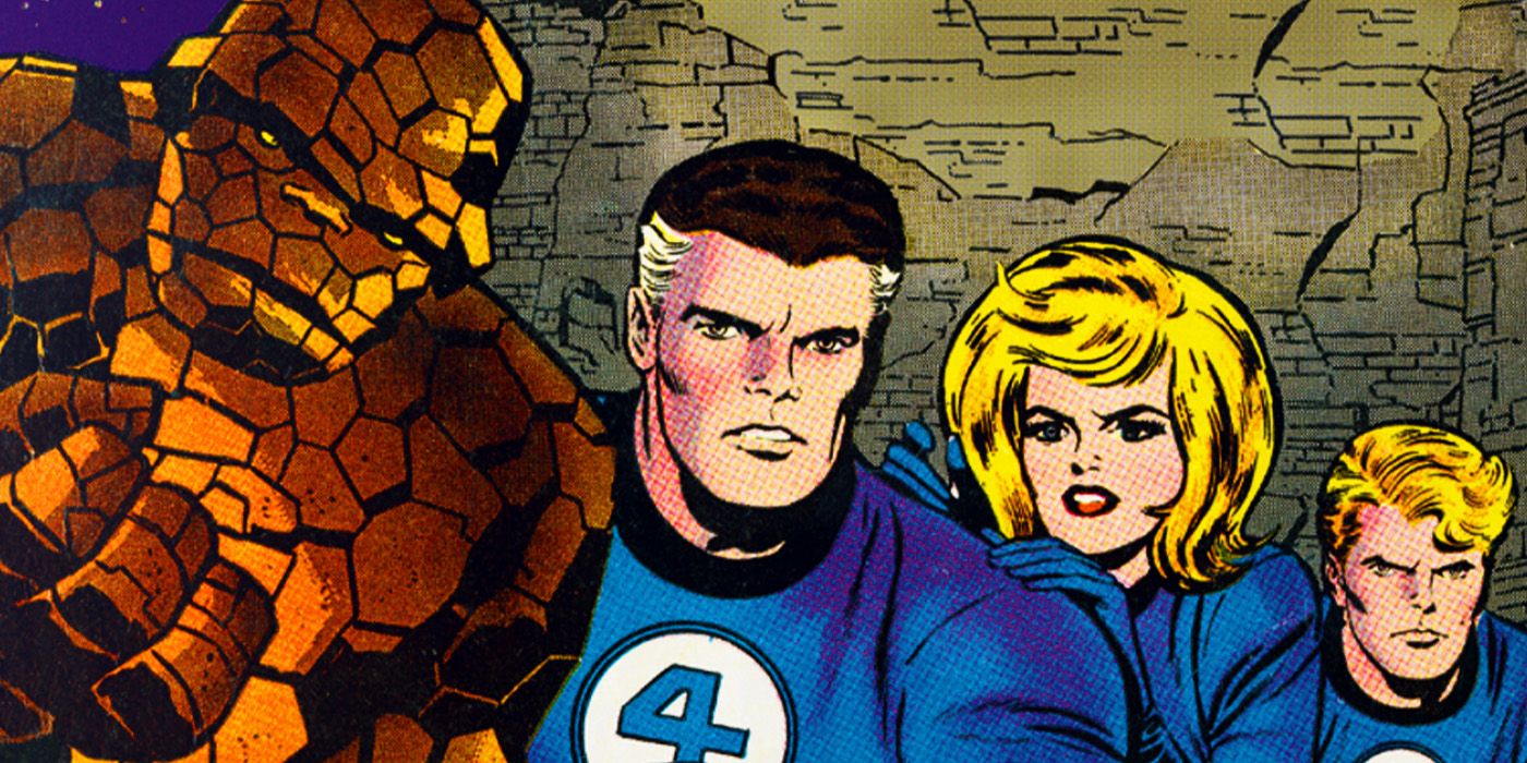 The Thing, Mister Fantastic, the Invisible Woman and the Human Torch in Fantastic Four costumes in Marvel Comics
