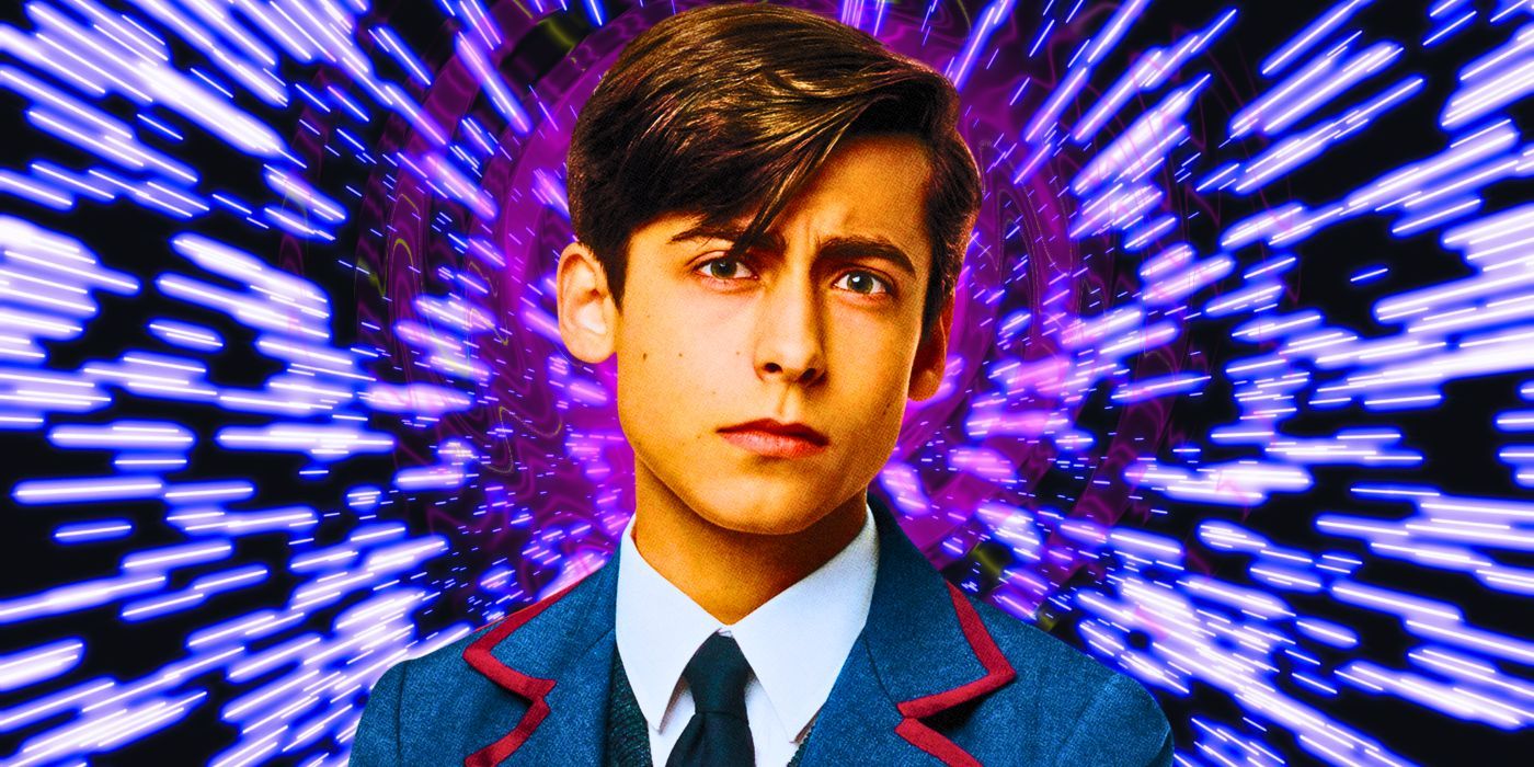 Aidan Gallagher as Number Five in The Umbrella Academy in front of a black background with purple streaks