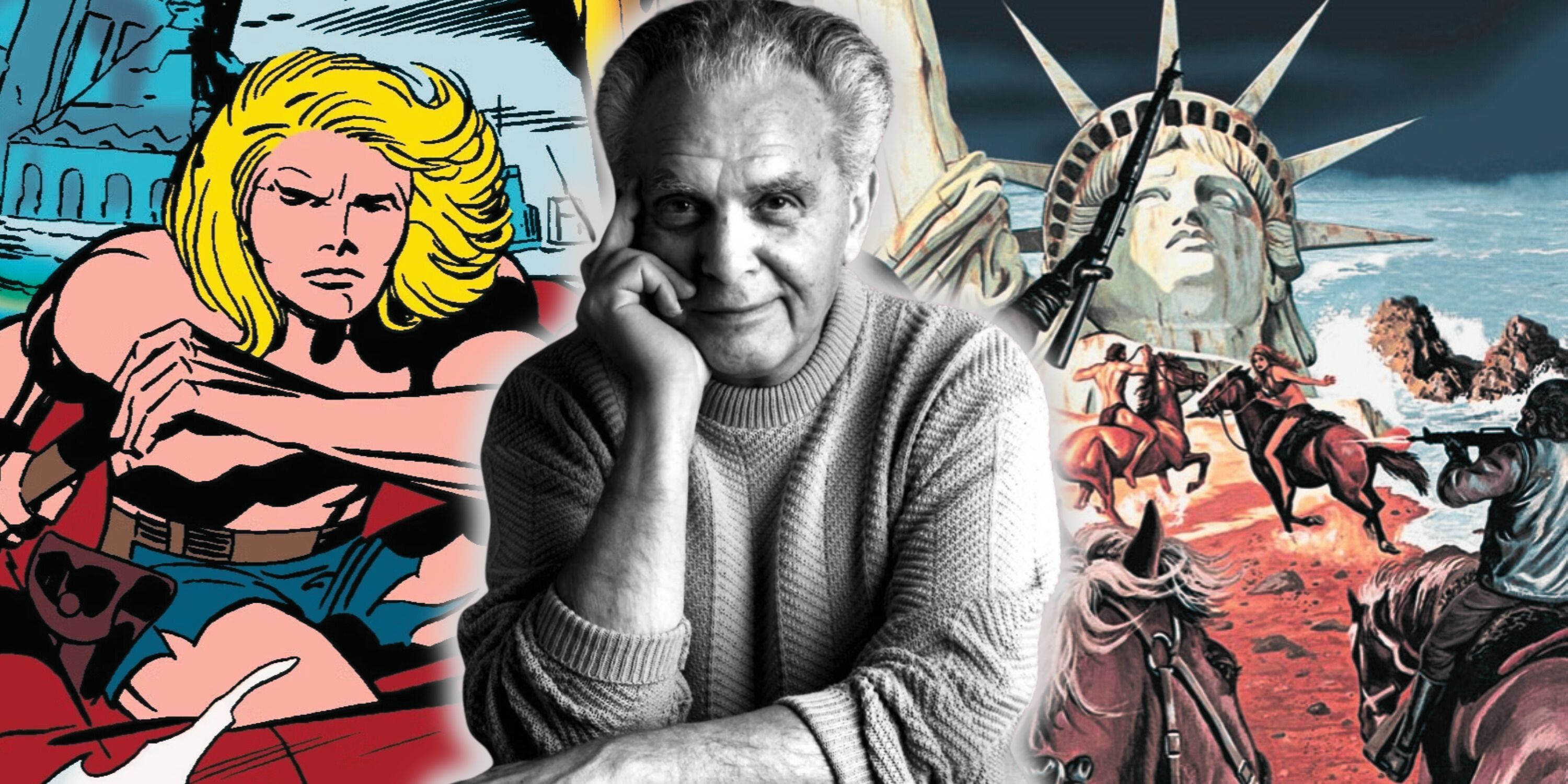 Composite image Kamandi Last Boy on Earth, Jack Kirby and apes charging Taylor in front of statue of liberty