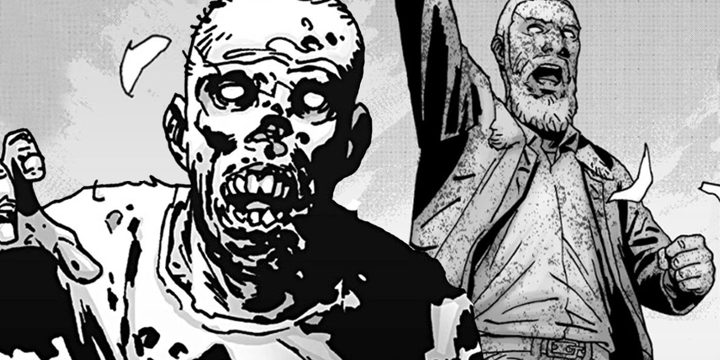 Comic book art: a zombie walks past a statue of rick grimes.