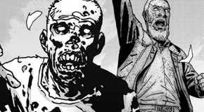 Comic book art: a zombie walks past a statue of rick grimes.