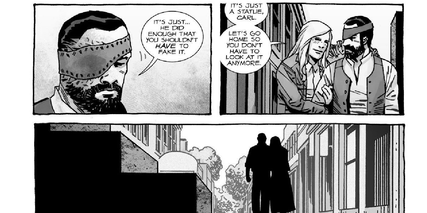 the walking dead comic panel where an older carl looks up at a statue of rick grimes, discussing it being inaccurate 2