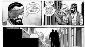 the walking dead comic panel where an older carl looks up at a statue of rick grimes, discussing it being inaccurate 2