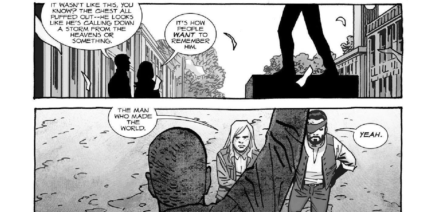 the walking dead comic panel where an older carl looks up at a statue of rick grimes, discussing it being inaccurate