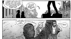 the walking dead comic panel where an older carl looks up at a statue of rick grimes, discussing it being inaccurate