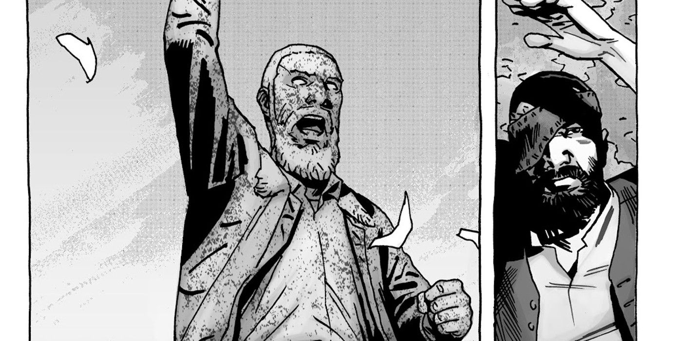 the walking dead comic panel where an older carl looks up at a statue of rick grimes, hand held high