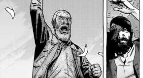 the walking dead comic panel where an older carl looks up at a statue of rick grimes, hand held high