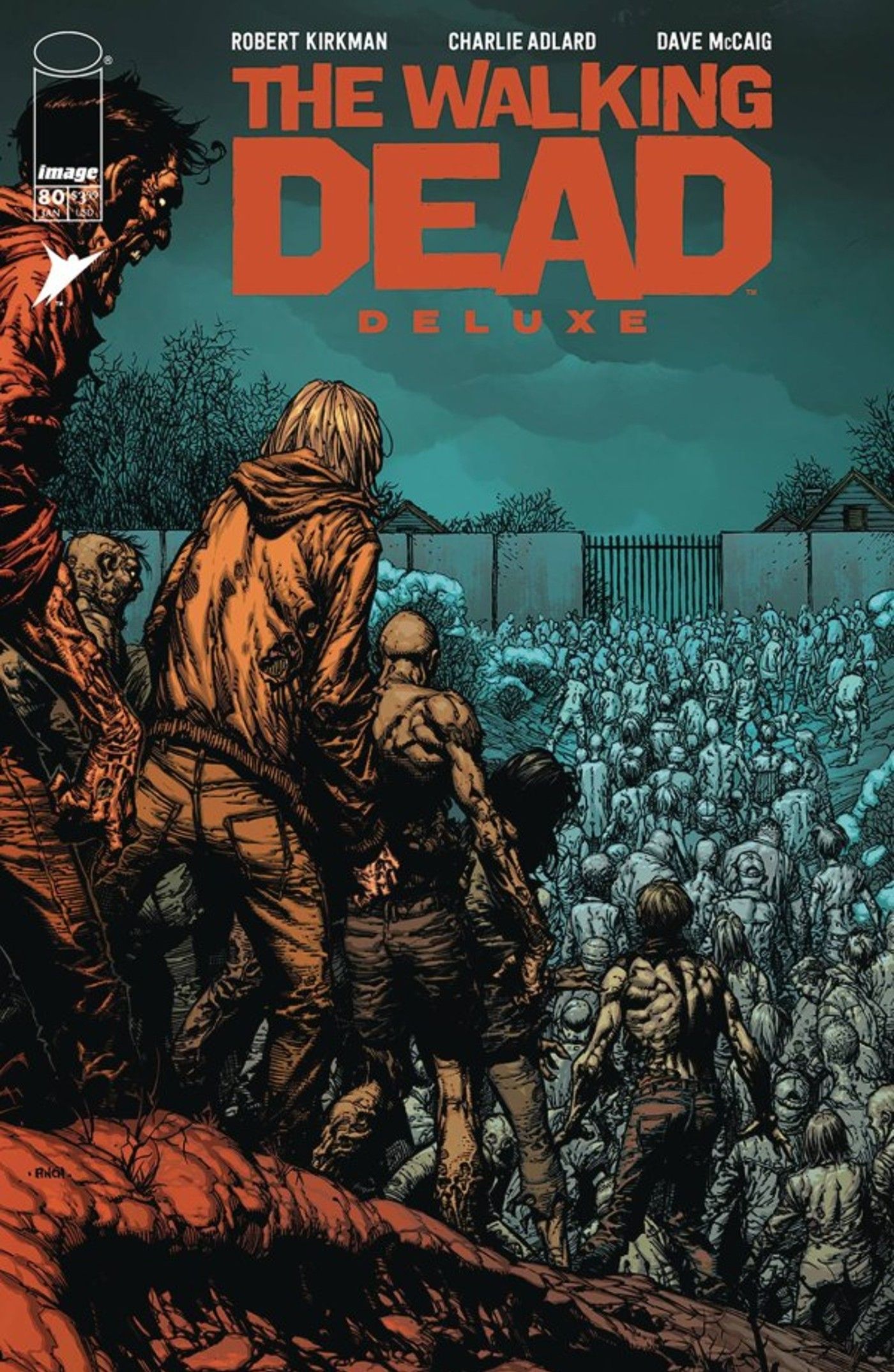 A horde of zombies walk up to a gated wall on the cover of The Walking Dead Deluxe #80. 