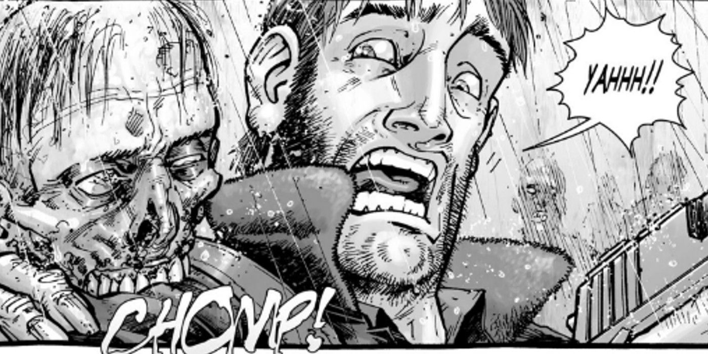 Rick being attacked by a zombie as rain falls in The Walking Dead #4