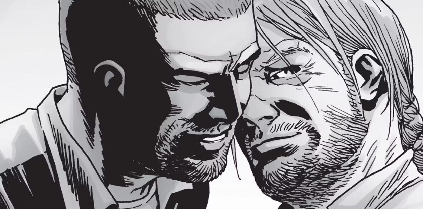 The Walking Dead's Eugene and Rick smiling with each other in the comic