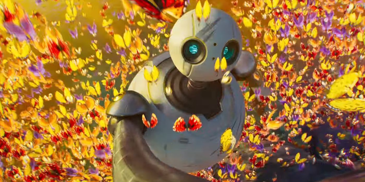 Roz surrounded by butterflies in The Wild Robot