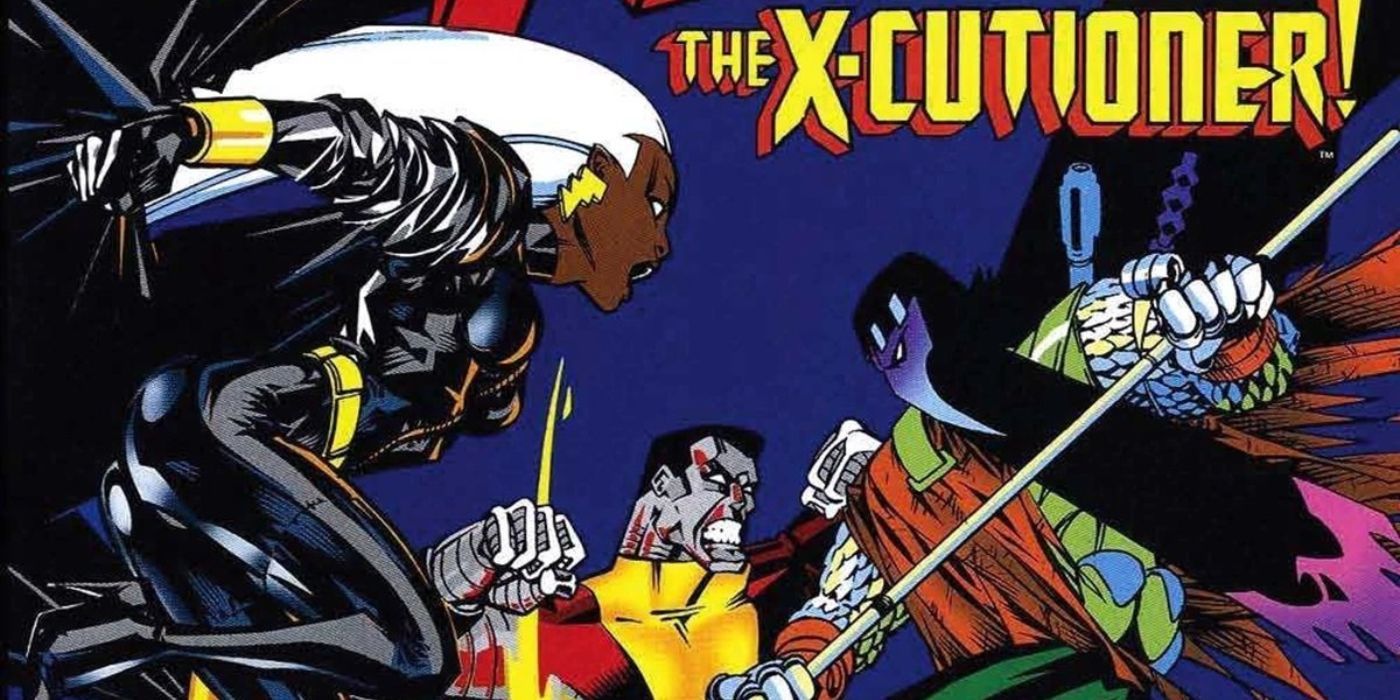 The X-Cutioner charging towards Colossus and Storm with a spear on an X-Men comic book cover