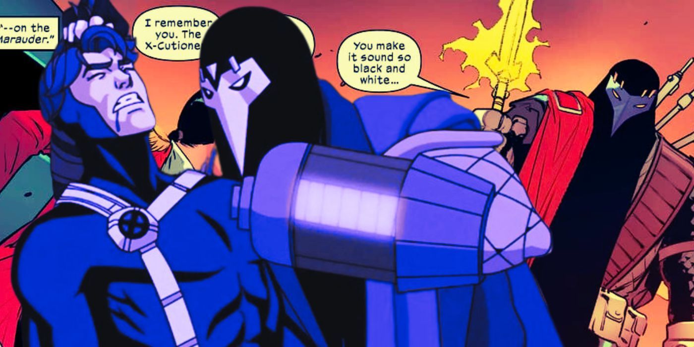 The X-Cutioner holding a blaster against Cyclops' neck in X-Men '97 and X-Cutioner holding a spear in the X-Men comics