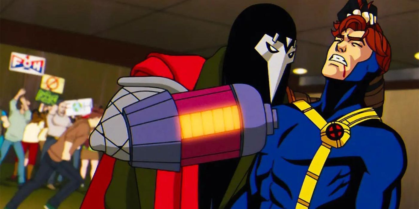 The X-Cutioner holding a blaster against Cyclops' neck in X-Men '97