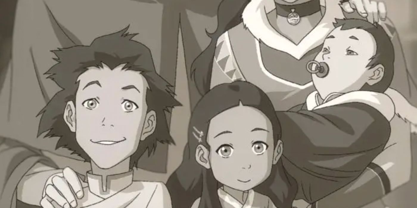The young children of Aang and Katara in a photo in the Avatar animated franchise