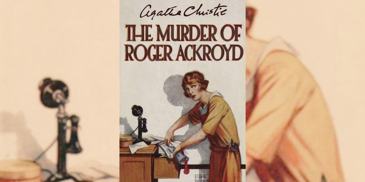 The cover of The Murder Of Roger Ackroyd featuring a woman using a 1930s style phone over the blurred and cropped image of the cover