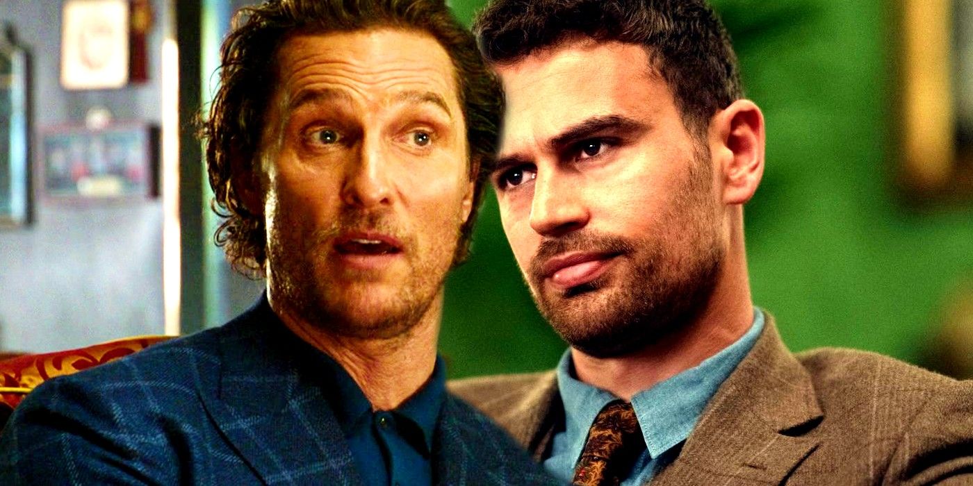 Theo James giving a stern look in the Netflix show and Matthew McConaughey with a wowed look in The Gentlemen