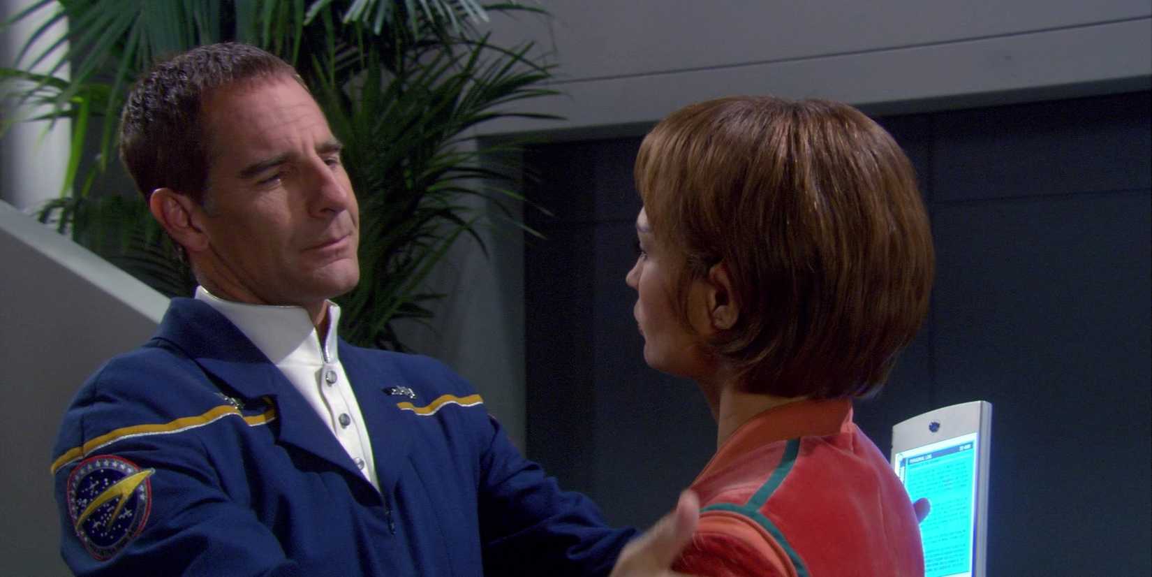 Star Trek Enterprise, These Are The Voyages. Scott Bakula as Captain Jonathan Archer and Jolene Blalock as Subcommander T'Pol.