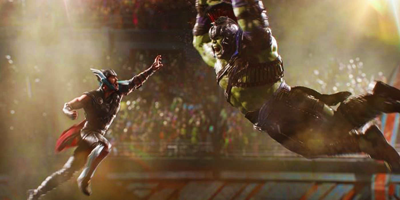 Thor and the Hulk jumping towards each other in Thor Ragnarok