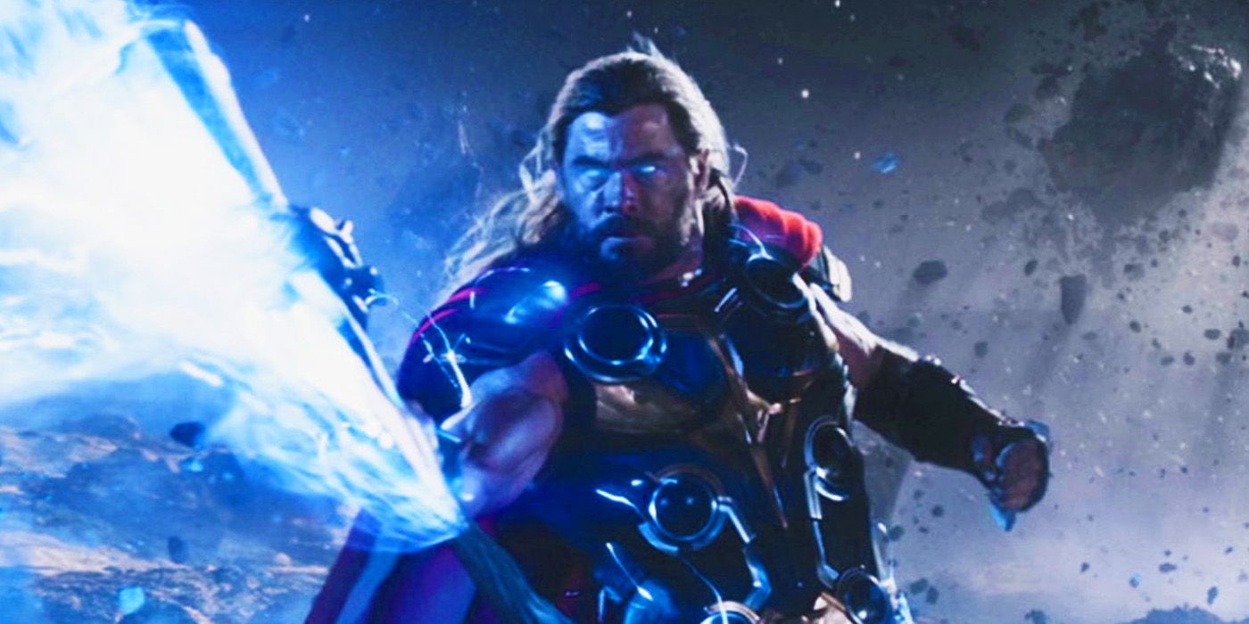 Thor lutando contra Gorr, o Açougueiro de Deuses, no Reino das Sombras em Thor Love and Thunder