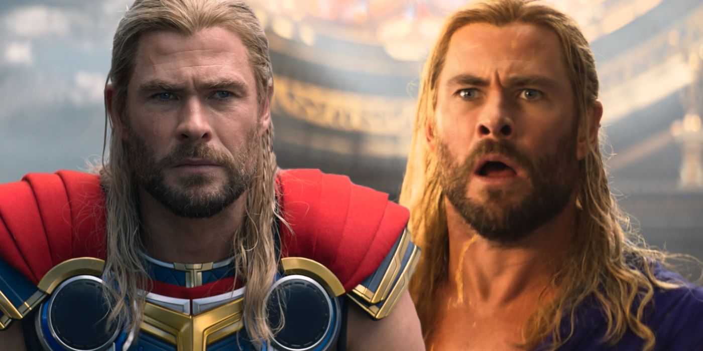 Split image of Chris Hemsworth as Thor looking serious and shocked in Thor: Love and Thunder