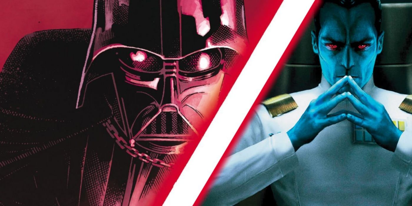 Darth Vader com seu sabre de luz vermelho ao lado de Thrawn.