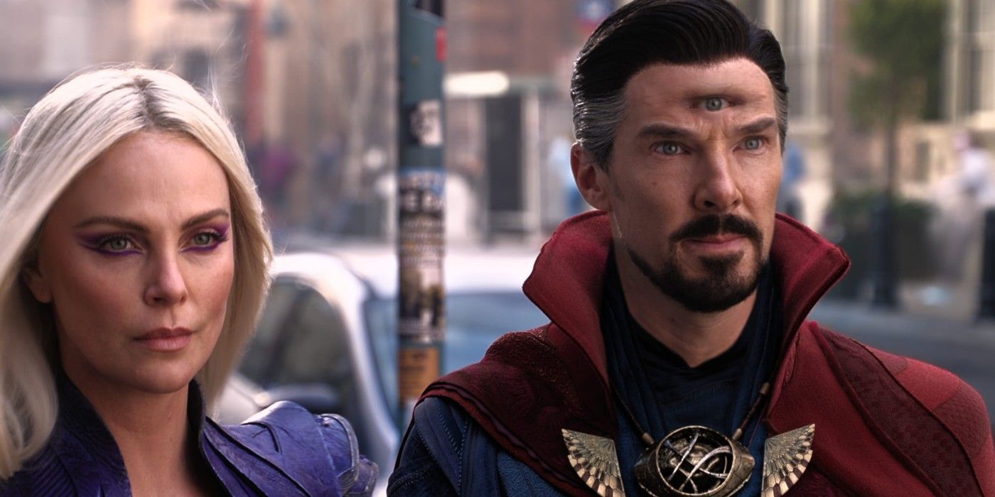 Three-eyed Doctor Strange stands next to Clea at the end of Doctor Strange in the Multiverse of Madness