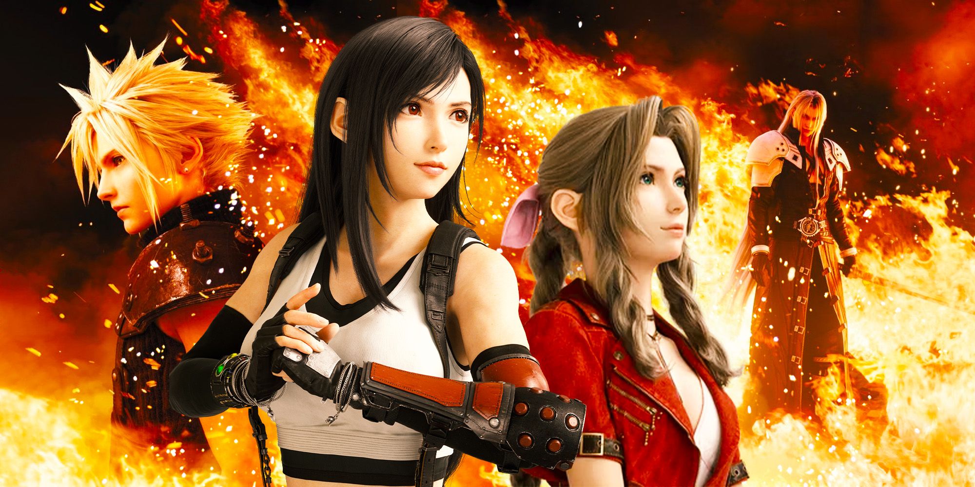 Tifa, Aerith, Cloud and Sephiroth from Final Fantasy VII Rebirth with fire raging in the background