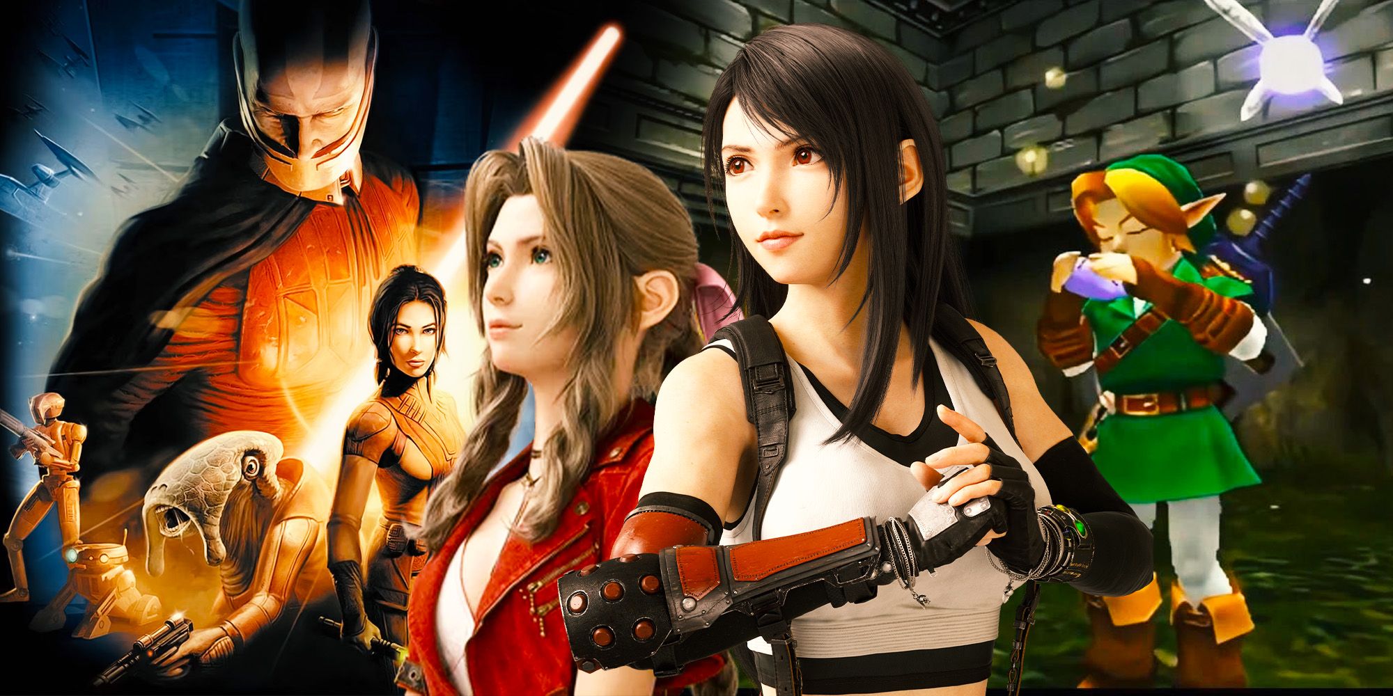 Tifa and Aerith from FF7 Rebirth with The Legend of Zelda Ocarina of Time and Star Wars Knights of the Old Republic
