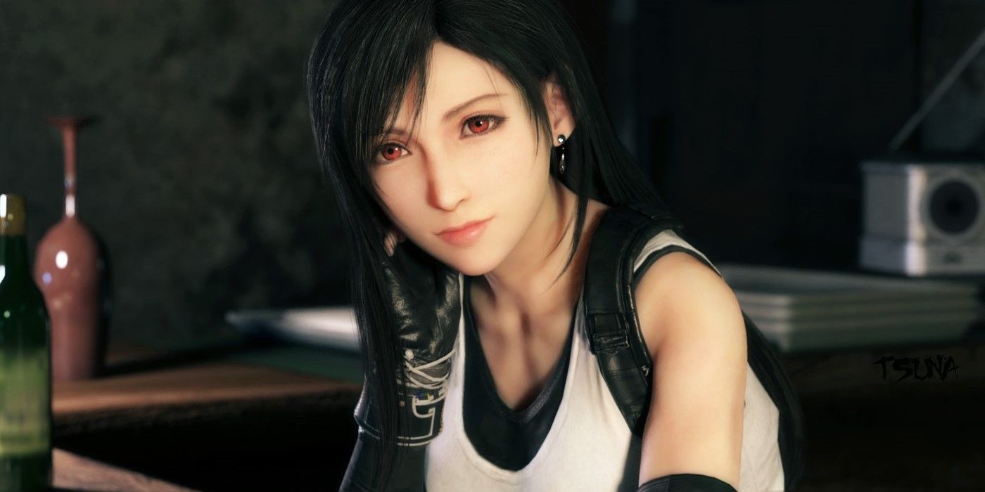 Tifa de Final Fantasy 7 Rebirth apoiando a cabeça na mão e sorrindo.