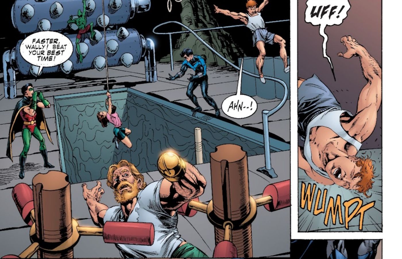 Comic book panels: Tim And Nightwing Train Wally, Aquaman, And Martian Manhunter