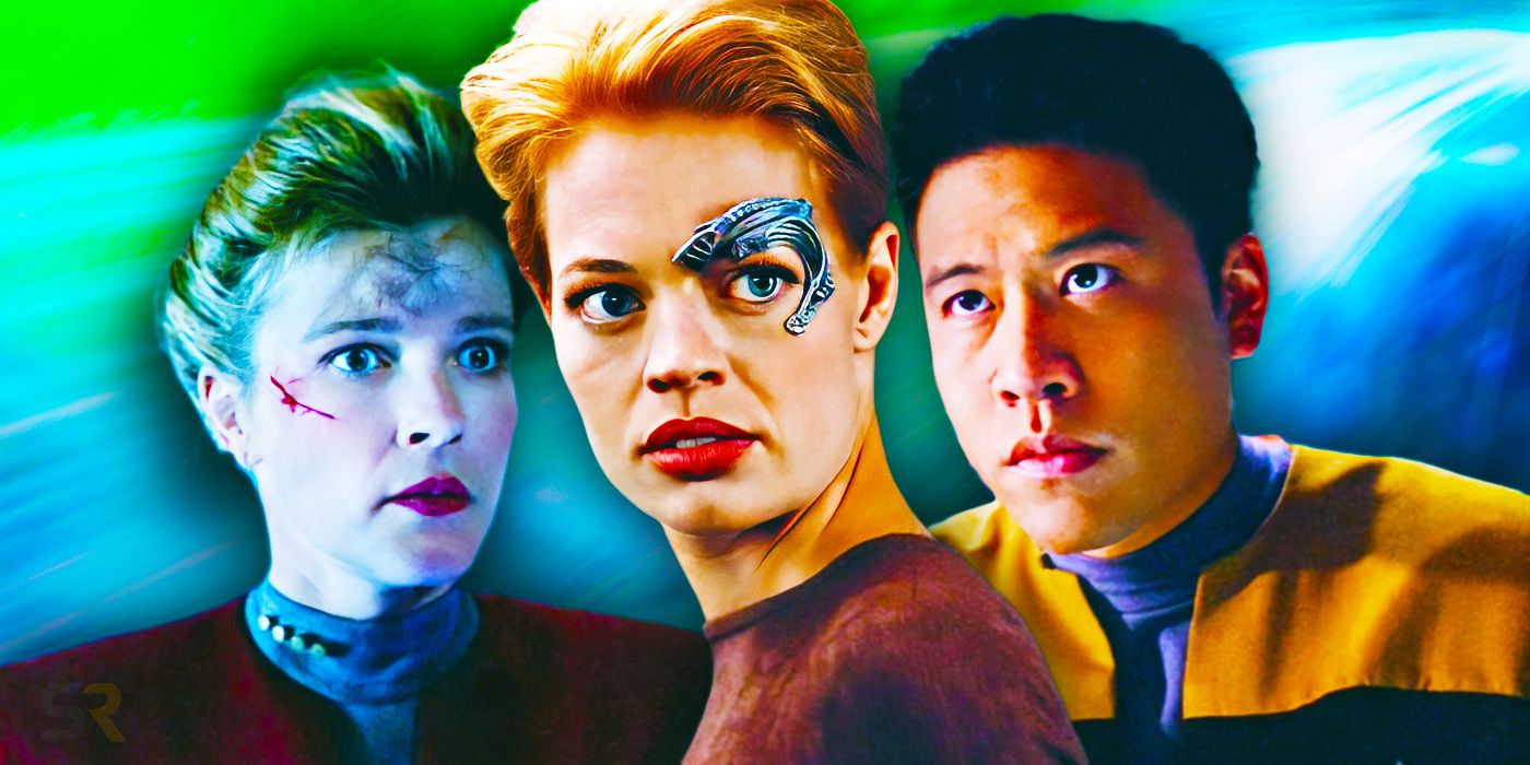 A collage of Captain Janeway, Seven of Nine, and Harry Kim from Star Trek: Voyager.