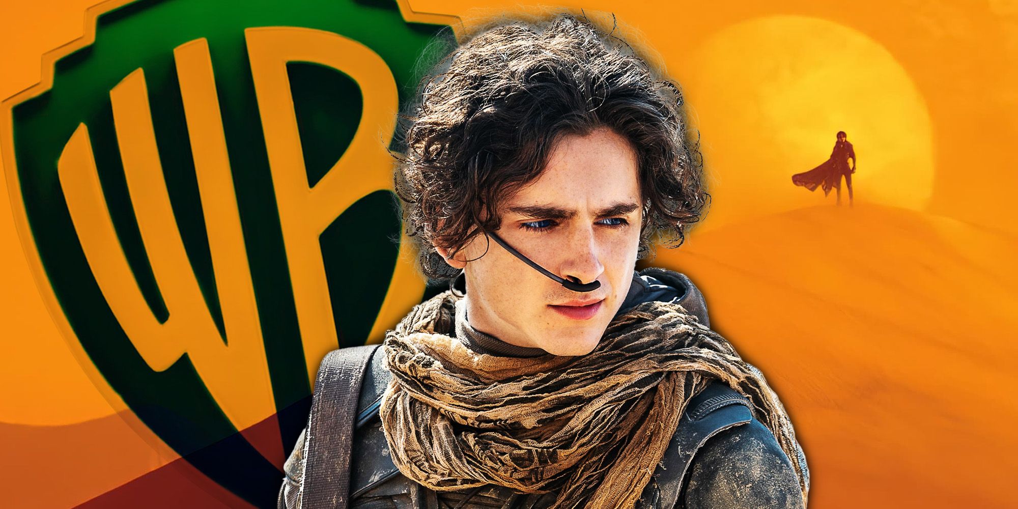 Timothée Chalamet in Dune Part Two and the WB logo