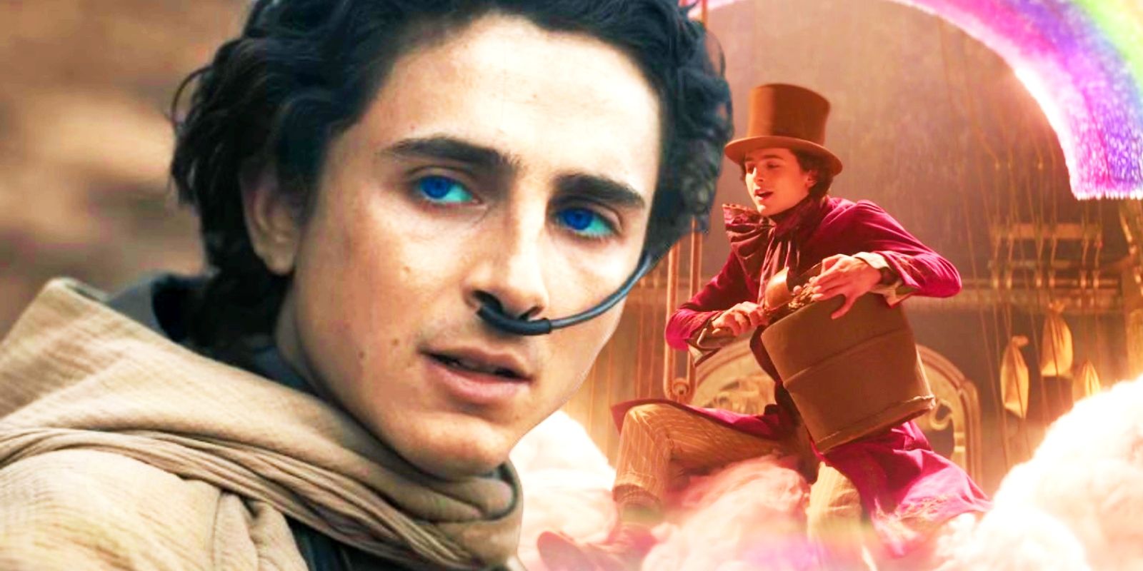 Timothée Chalamet as Paul Atreides in Dune juxtaposed with Chalamet as Willy Wonka