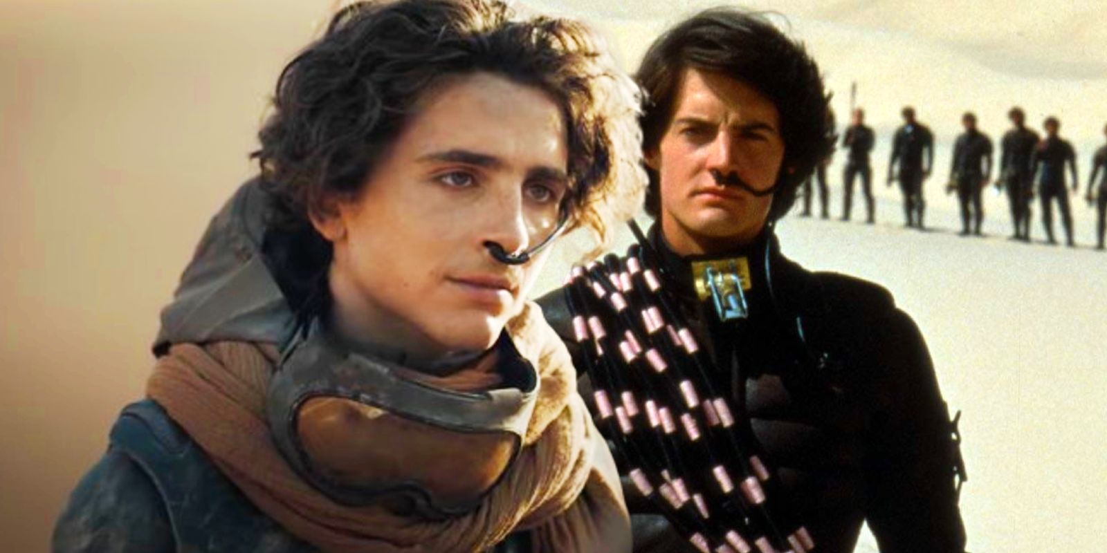 Timothée Chalamet as Paul Atreides in Dune: Part Two juxtaposed with Kyle MacLachlan as Paul in 1984's Dune