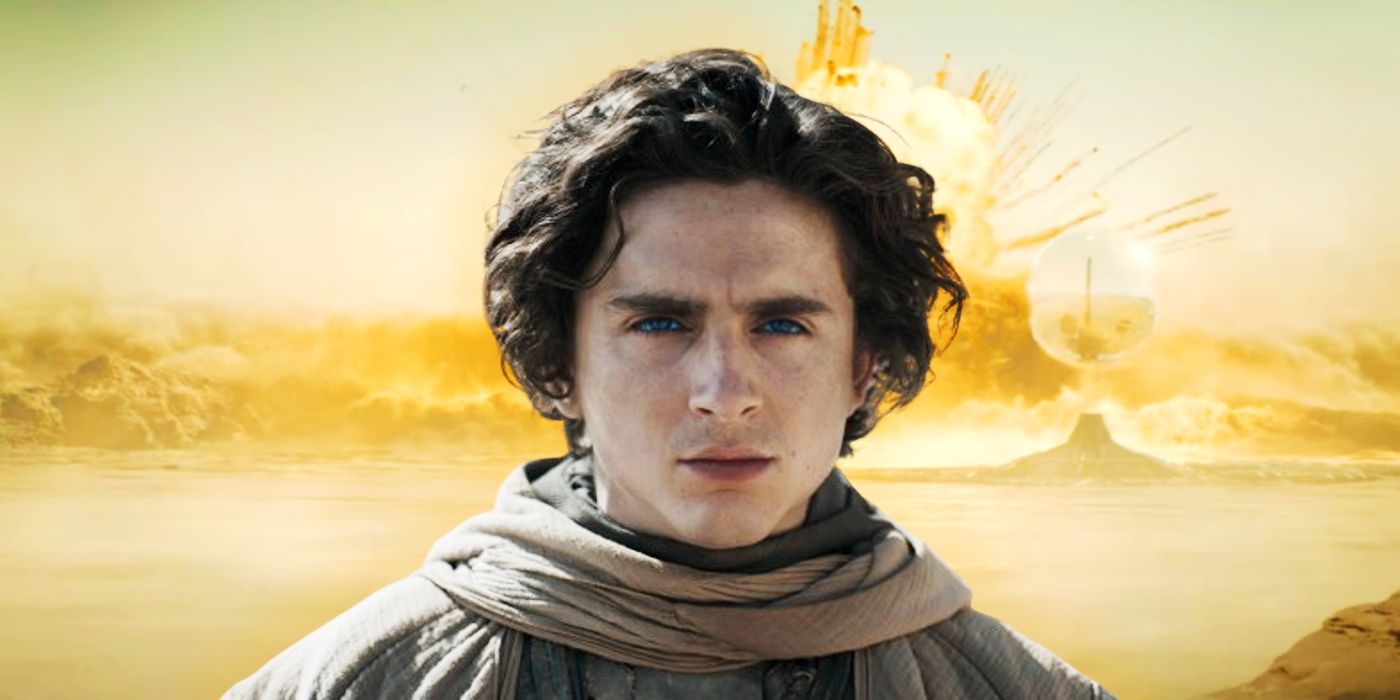 TImothée Chalamet as Paul Atreides in front of a massive explosion in Dune Part Two