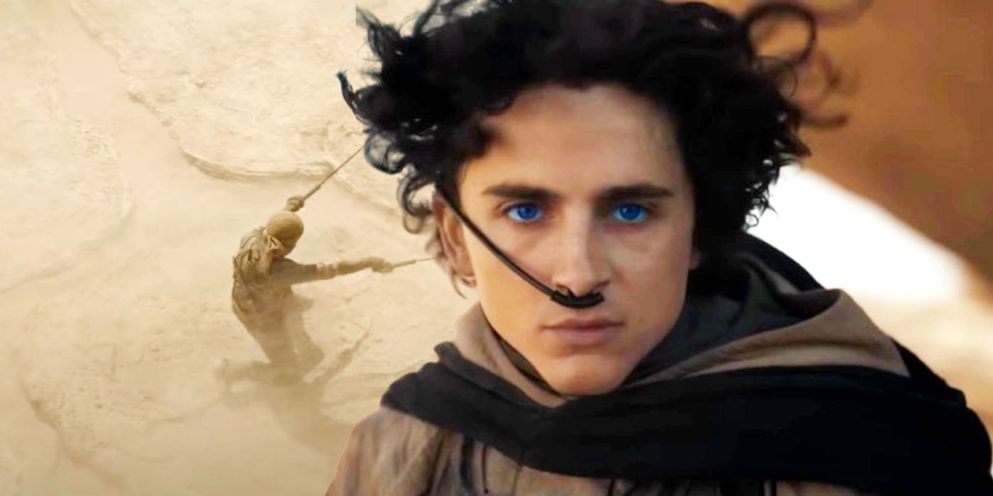 Timothée Chalamet looking serious as Paul Atreides juxtaposed with Paul riding a sandworm in Dune Part Two