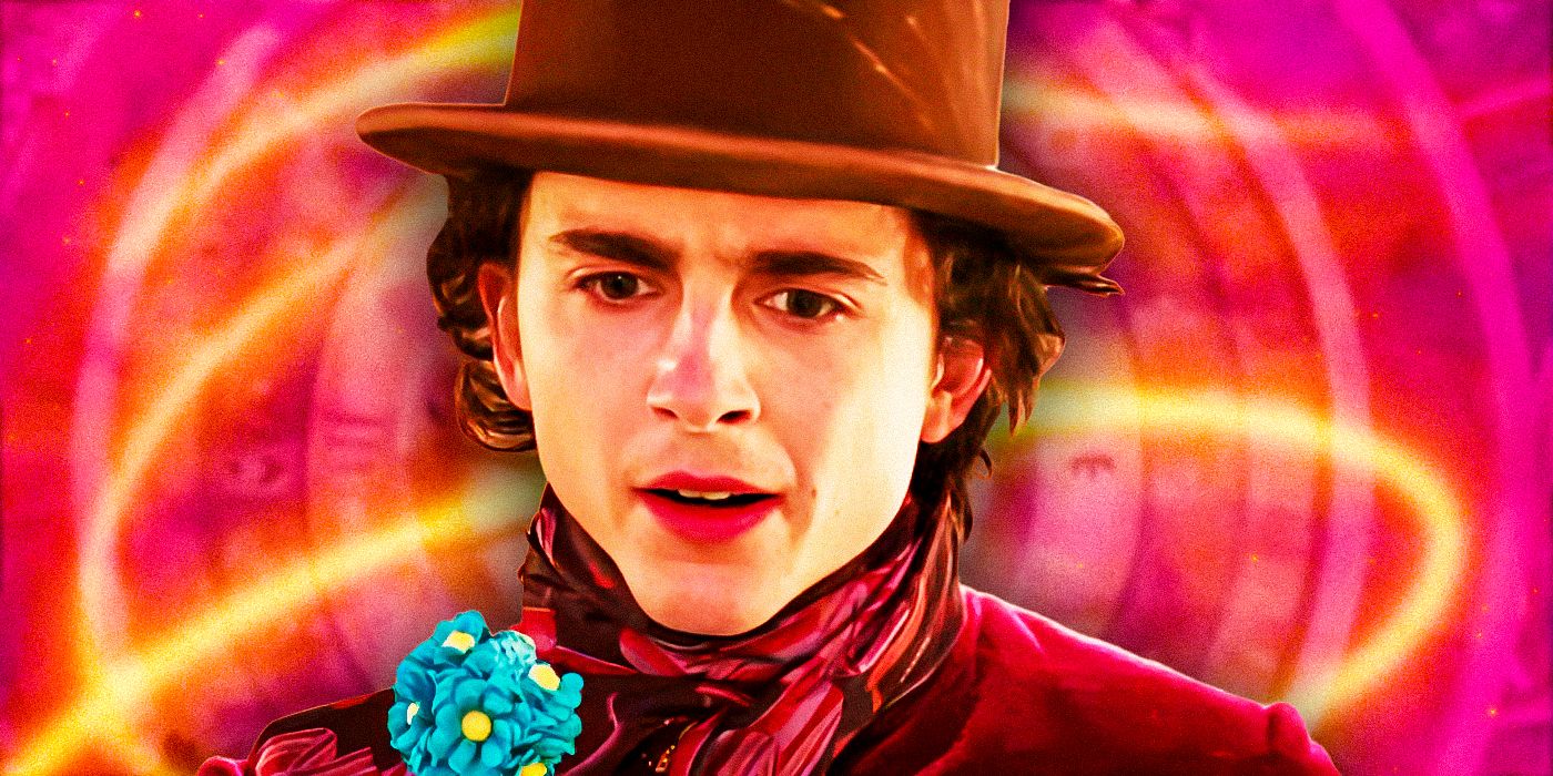 Timothee Chalamet looking displeased in Wonka against a pink and yellow background
