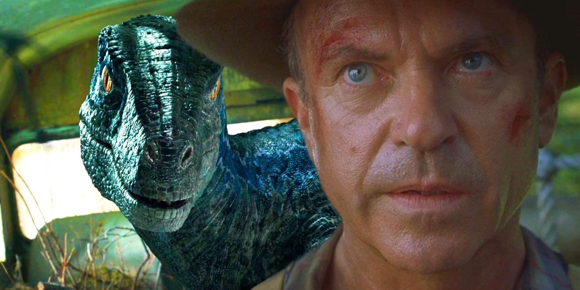 Blue the Velociraptor in Jurassic World Dominion Next to Sam Neill as Dr Alan Grant in Jurassic Park 3